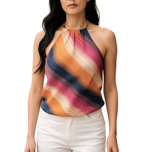 Trina Turk Multicolor Colorblock Striped Halter Backless Open Back Blouse Top S - Picture 1 of 5